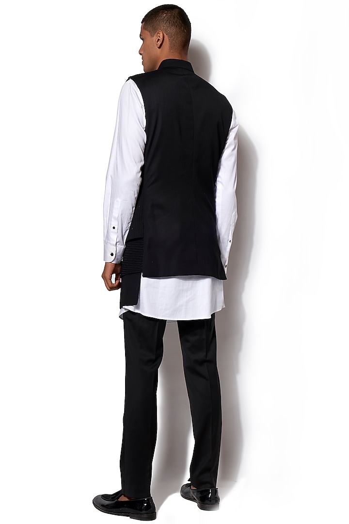 Black Wool Blend Fabric Asymmetric Textured Nehru Jacket Set by Amaare at Pernia's Pop Up Shop