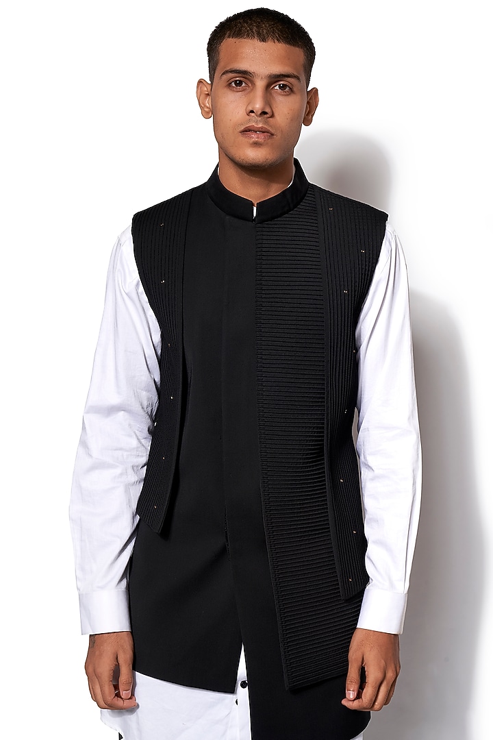 Black Wool Blend Fabric Asymmetric Textured Nehru Jacket Set by Amaare at Pernia's Pop Up Shop