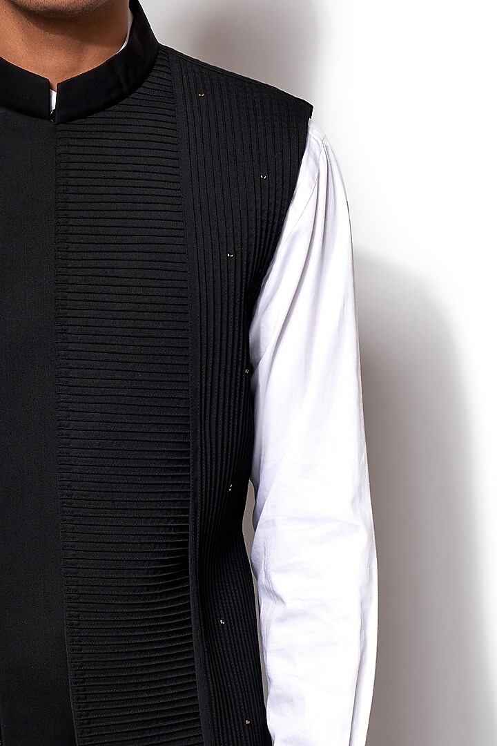 Black Wool Blend Fabric Asymmetric Textured Nehru Jacket Set by Amaare at Pernia's Pop Up Shop