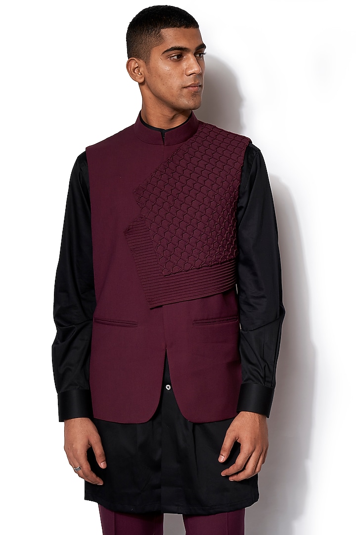 Wine Linen Silk Nehru Jacket Set by Amaare at Pernia's Pop Up Shop