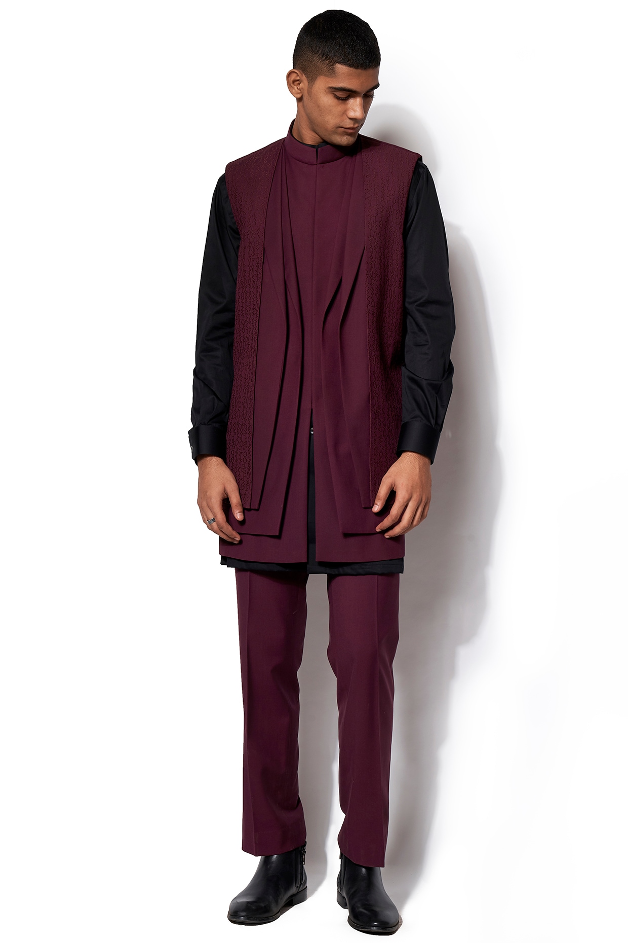 Festive Wear Nehru Jacket Set In Wine Color