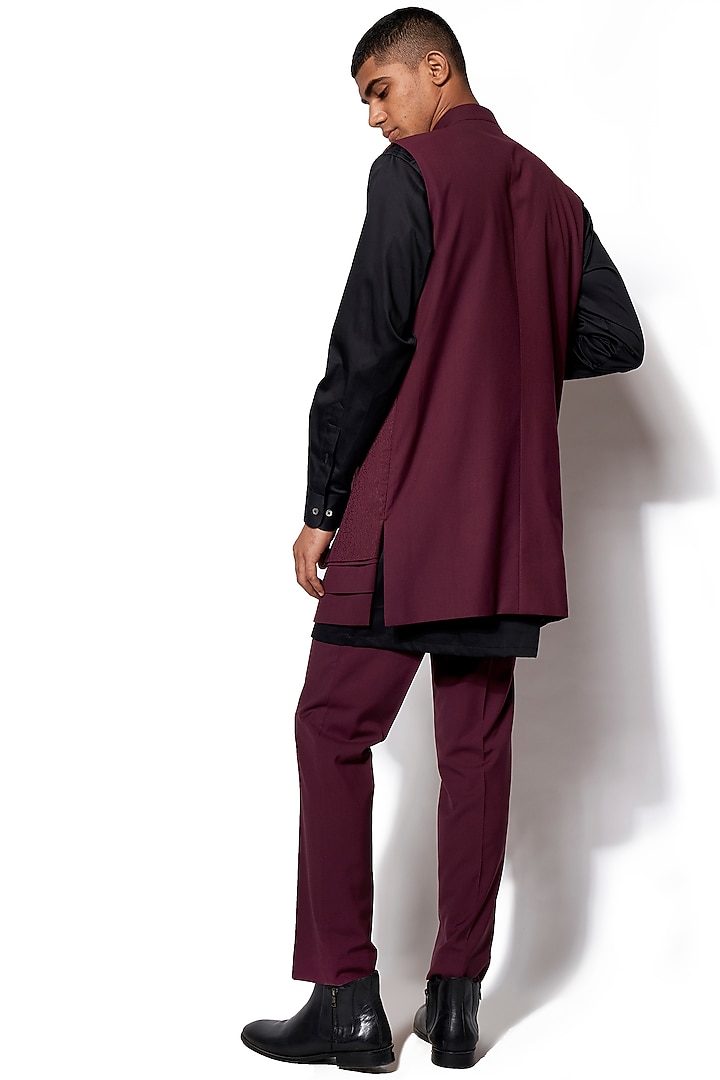 Wine Wool Blend Fabric Embroidered Layered Long Nehru Jacket Set by Amaare at Pernia's Pop Up Shop