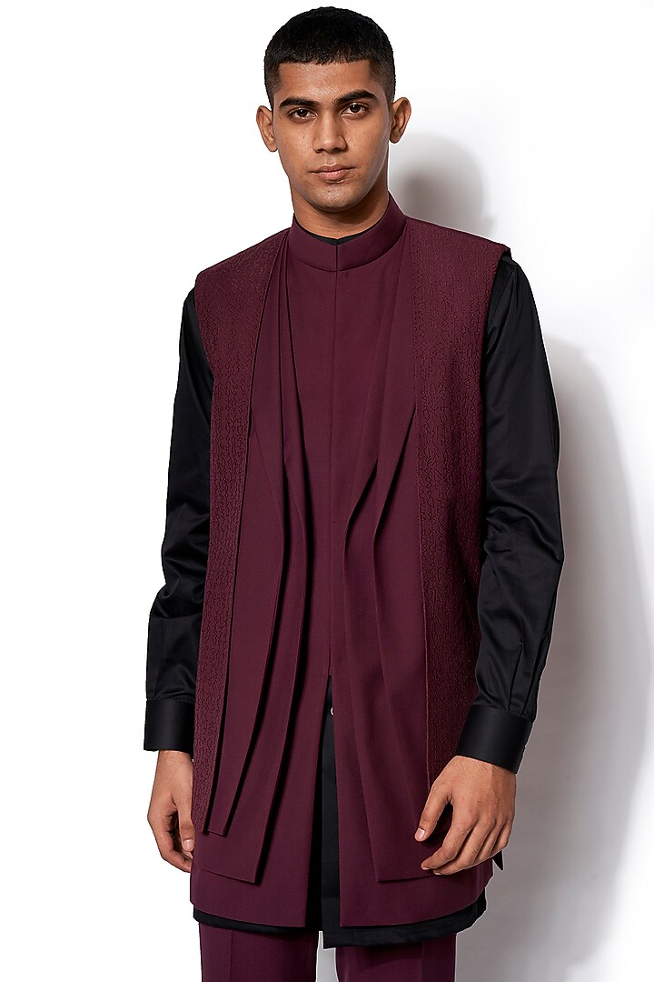 Wine Wool Blend Fabric Embroidered Layered Long Nehru Jacket Set by Amaare at Pernia's Pop Up Shop