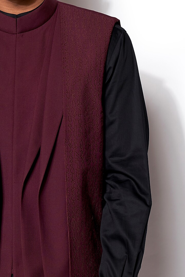Wine Wool Blend Fabric Embroidered Layered Long Nehru Jacket Set by Amaare at Pernia's Pop Up Shop