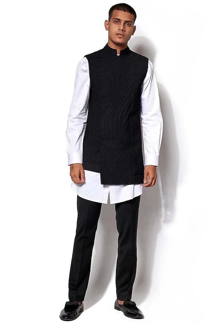 Black Wool Blend Fabric Embroidered Asymmetric Textured Nehru Jacket Set by Amaare at Pernia's Pop Up Shop