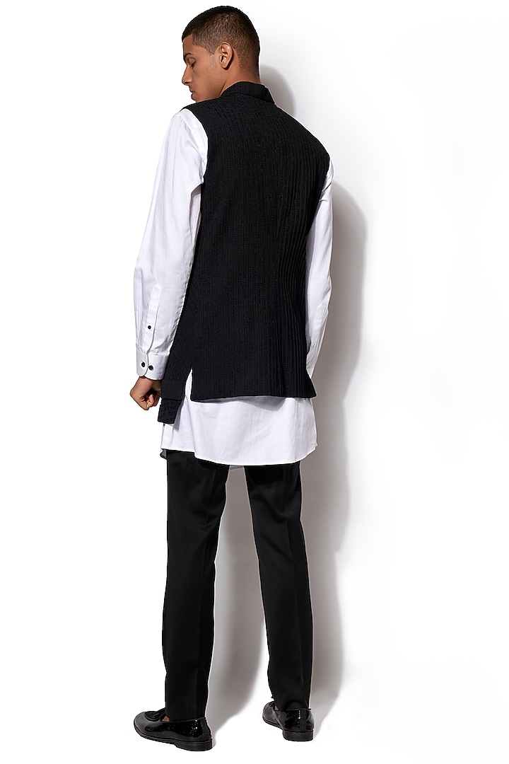 Black Wool Blend Fabric Embroidered Asymmetric Textured Nehru Jacket Set by Amaare at Pernia's Pop Up Shop