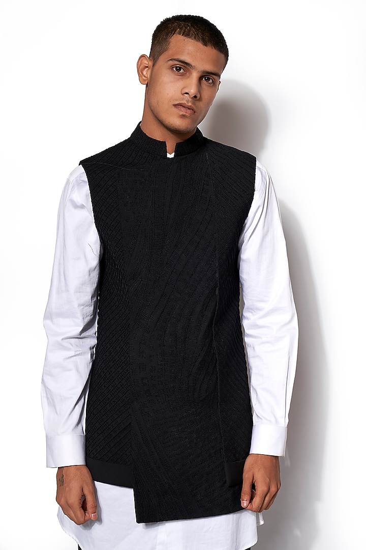 Black Wool Blend Fabric Embroidered Asymmetric Textured Nehru Jacket Set by Amaare at Pernia's Pop Up Shop