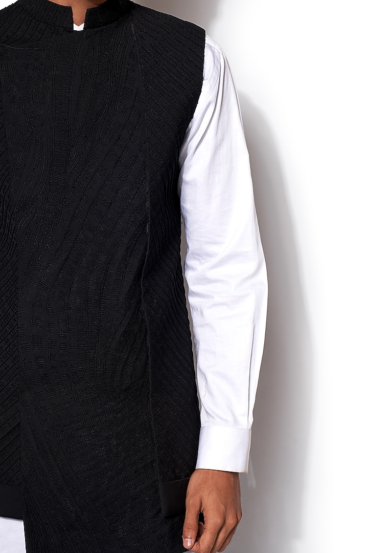 Black Wool Blend Fabric Embroidered Asymmetric Textured Nehru Jacket Set by Amaare at Pernia's Pop Up Shop