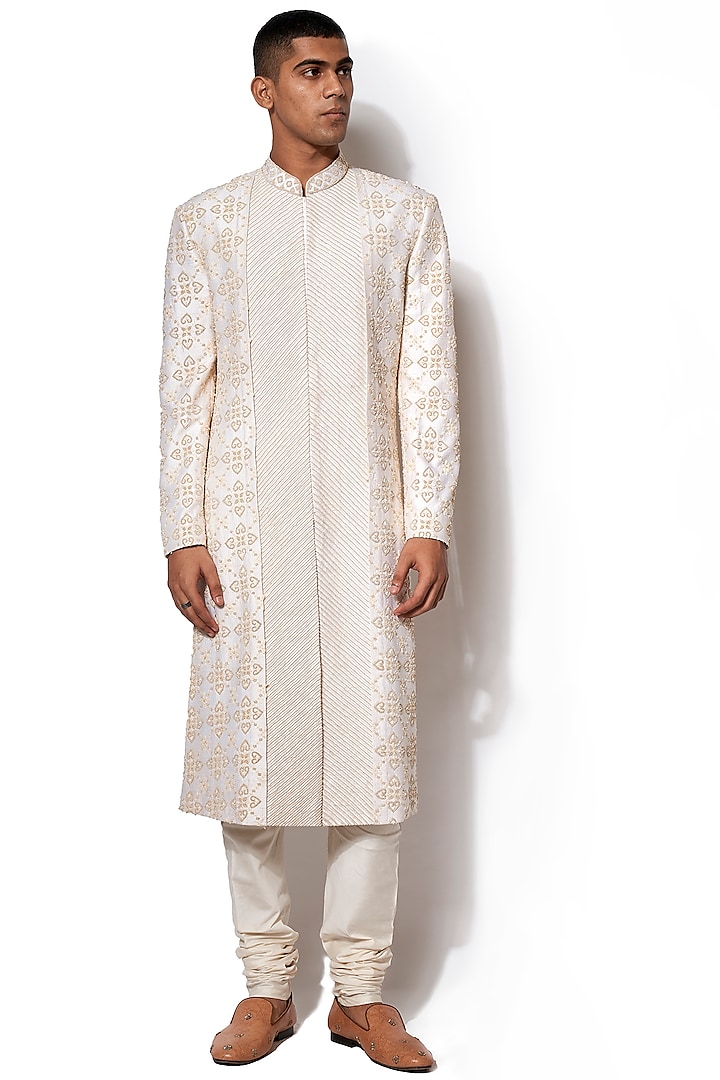 Ivory & Golden Embroidered Sherwani Set by Amaare
