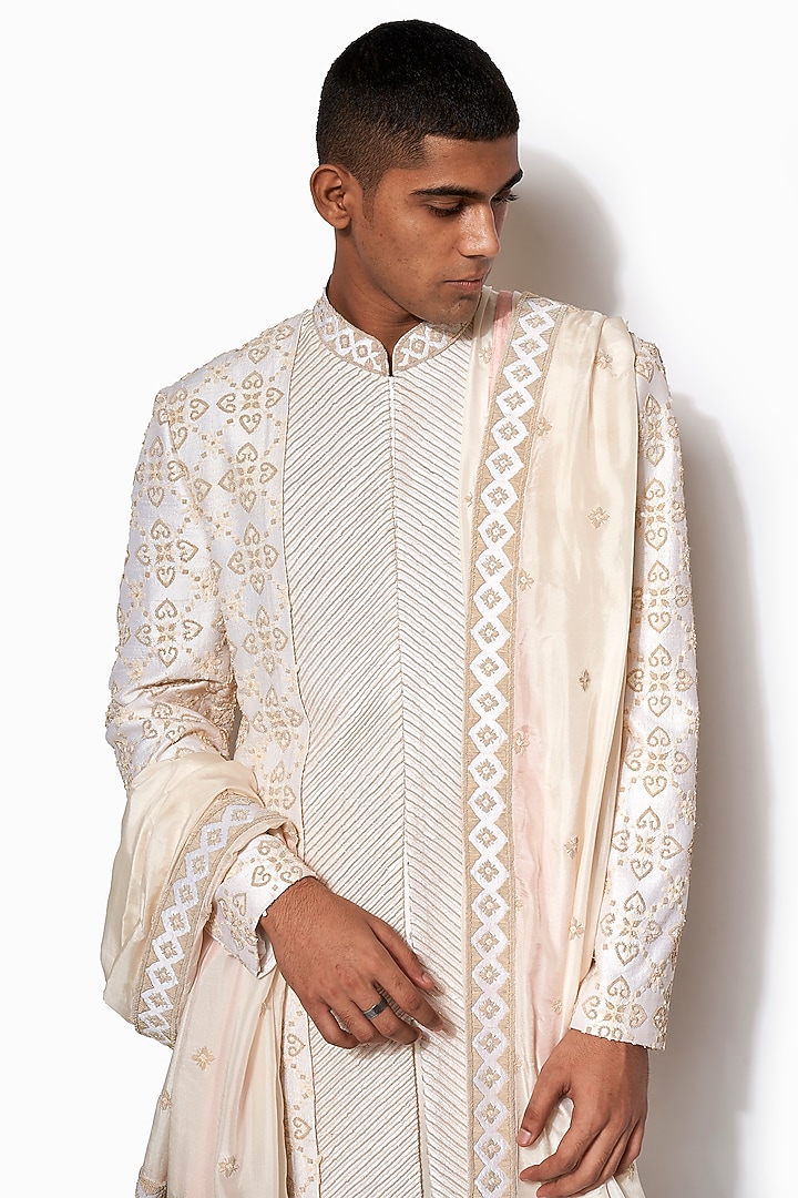 Ivory & Golden Embroidered Groom Sherwani Set by Amaare at Pernia's Pop Up Shop