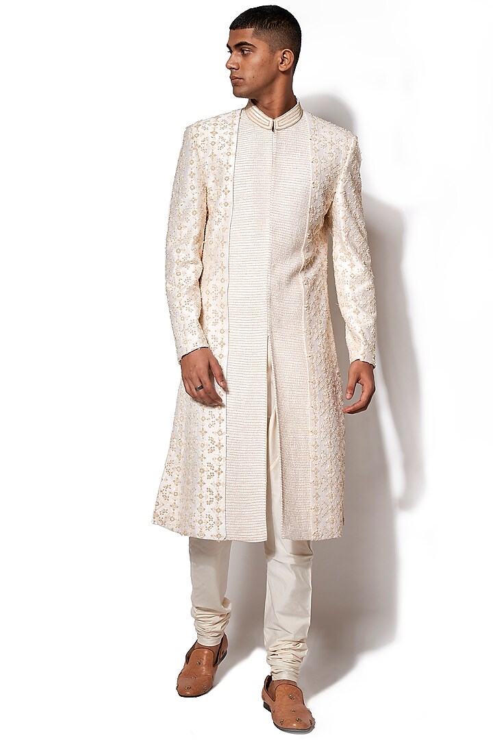 Ivory & Golden Textured Embroidered Sherwani Set by Amaare
