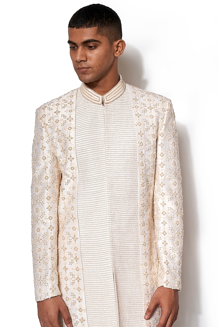 Ivory & Golden Textured Embroidered Groom Sherwani Set by Amaare at Pernia's Pop Up Shop