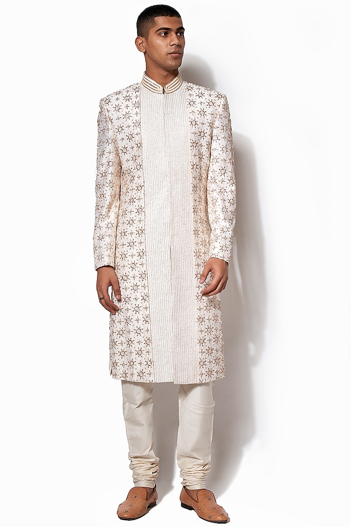 Ivory Textured Embroidered Sherwani Set by Amaare