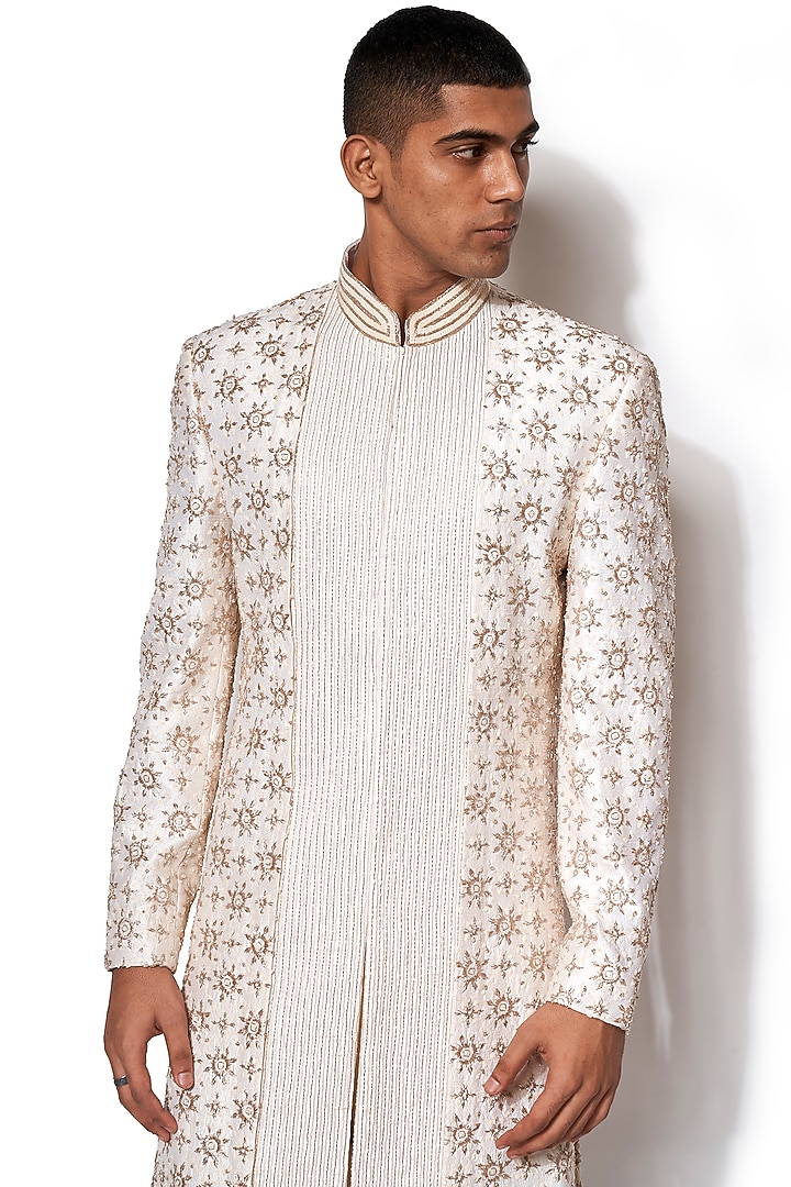 Ivory Textured Embroidered Groom Sherwani Set by Amaare at Pernia's Pop Up Shop