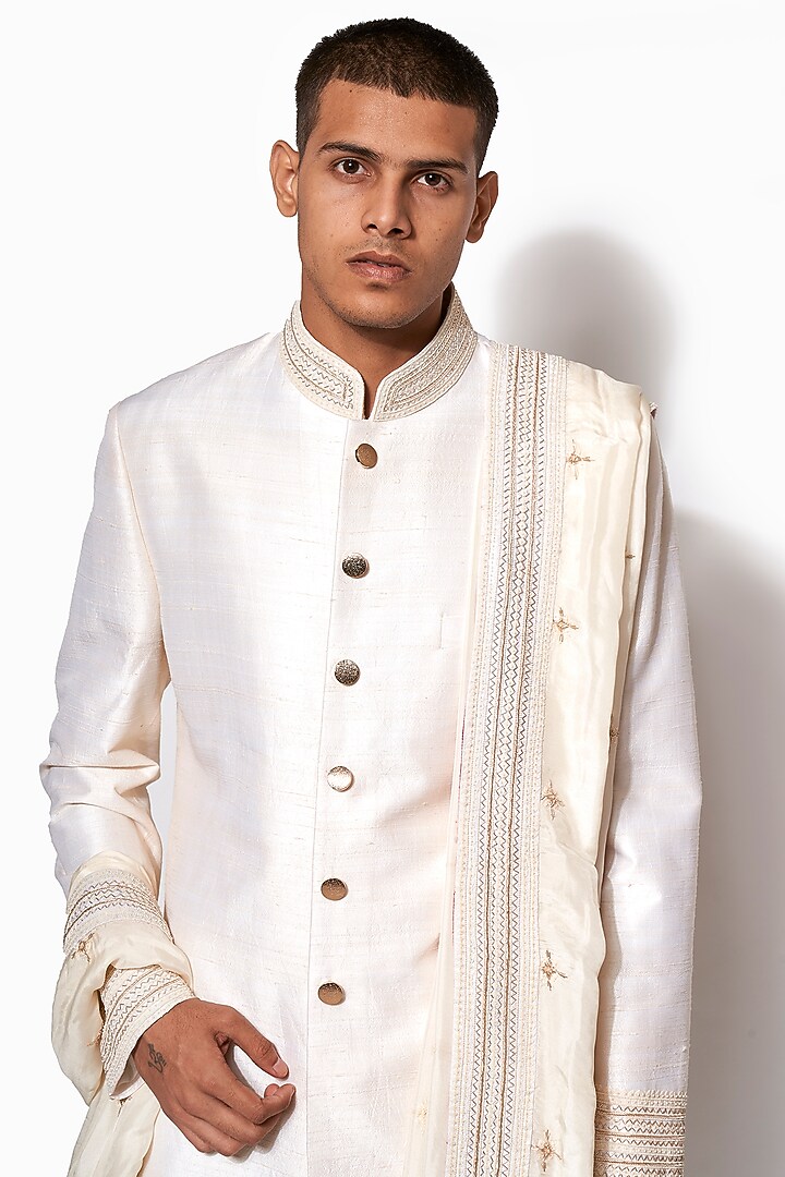 Ivory Hand Embroidered Wedding Sherwani Set by Amaare at Pernia's Pop Up Shop