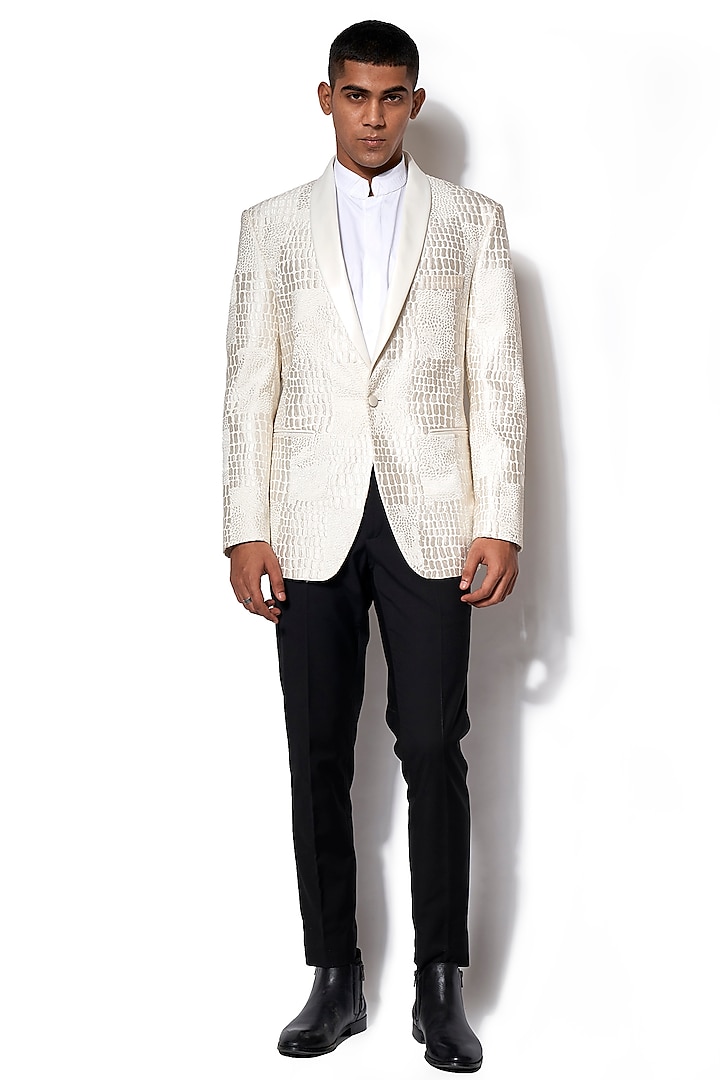 Ivory Embroidered Tuxedo With Black Pants by Amaare
