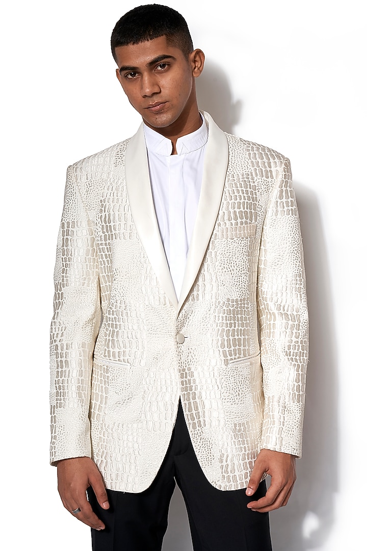 Ivory Embroidered Tuxedo With Black Pants by Amaare at Pernia's Pop Up Shop