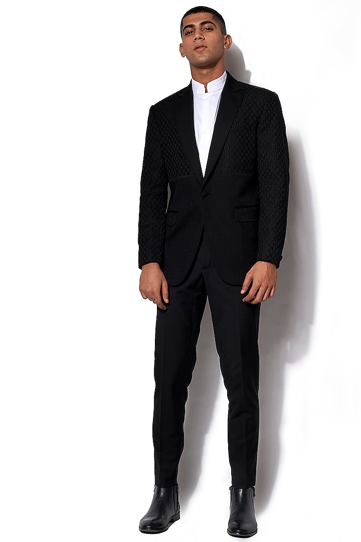 Black Peak Lapel Tuxedo With Pants by Amaare