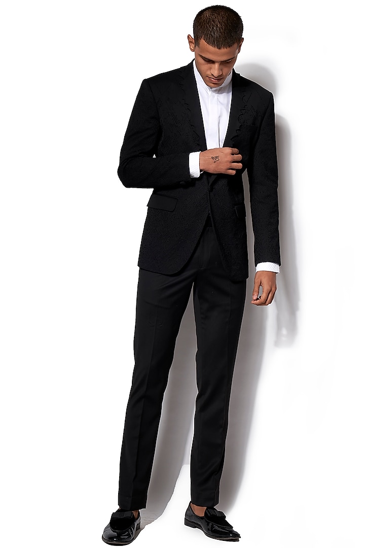 Black Asymmetric Lapel Tuxedo With Pants by Amaare