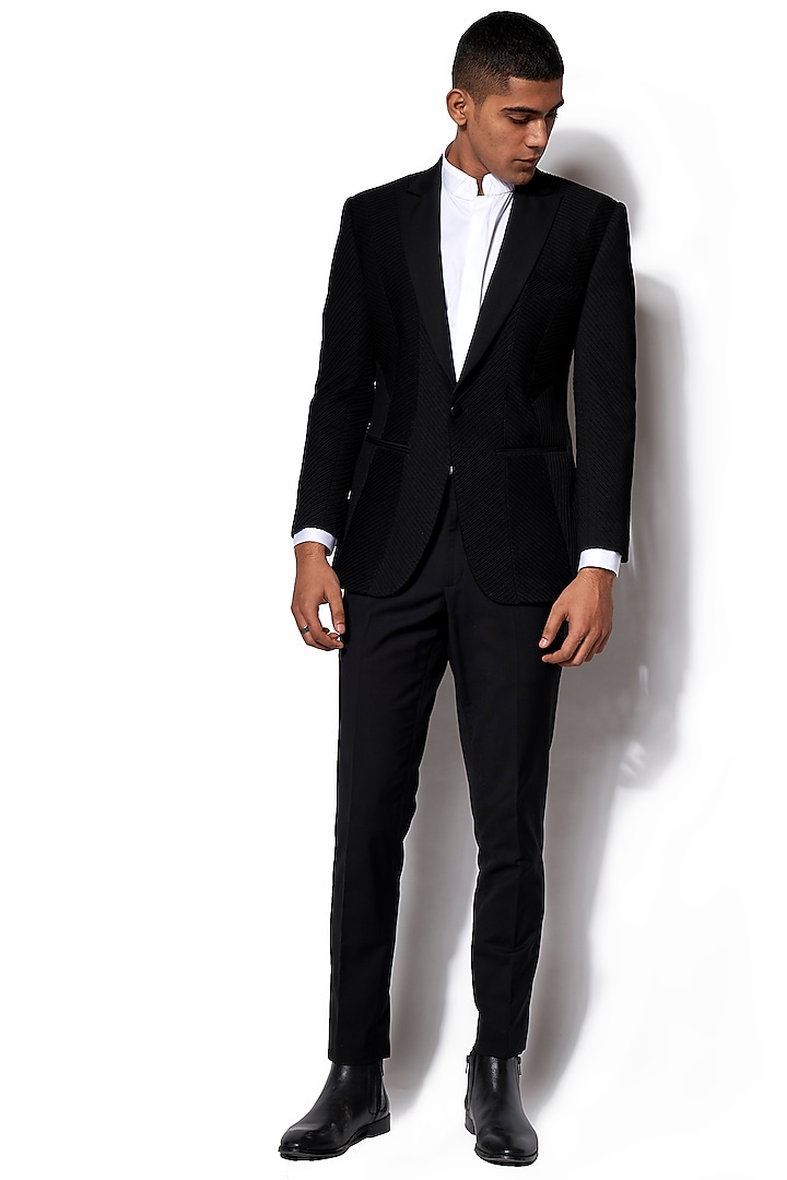 Black Pintucked & Embroidered Tuxedo With Pants by Amaare