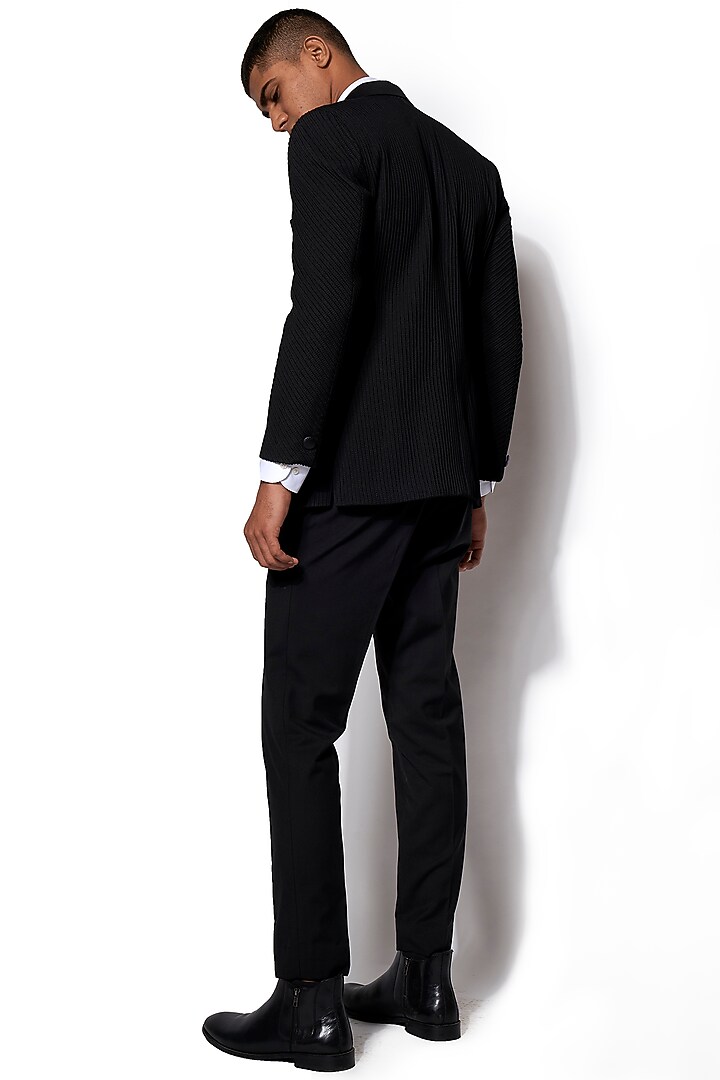 Black Pintucked & Embroidered Tuxedo With Pants by Amaare at Pernia's Pop Up Shop