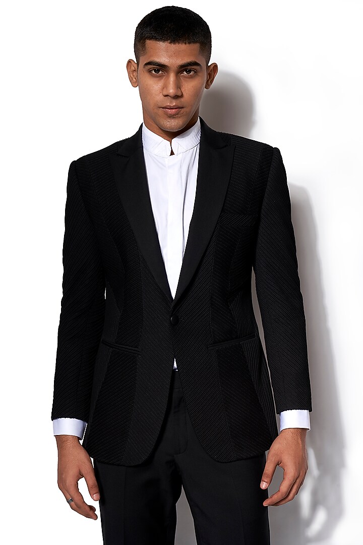 Black Pintucked & Embroidered Tuxedo With Pants by Amaare at Pernia's Pop Up Shop