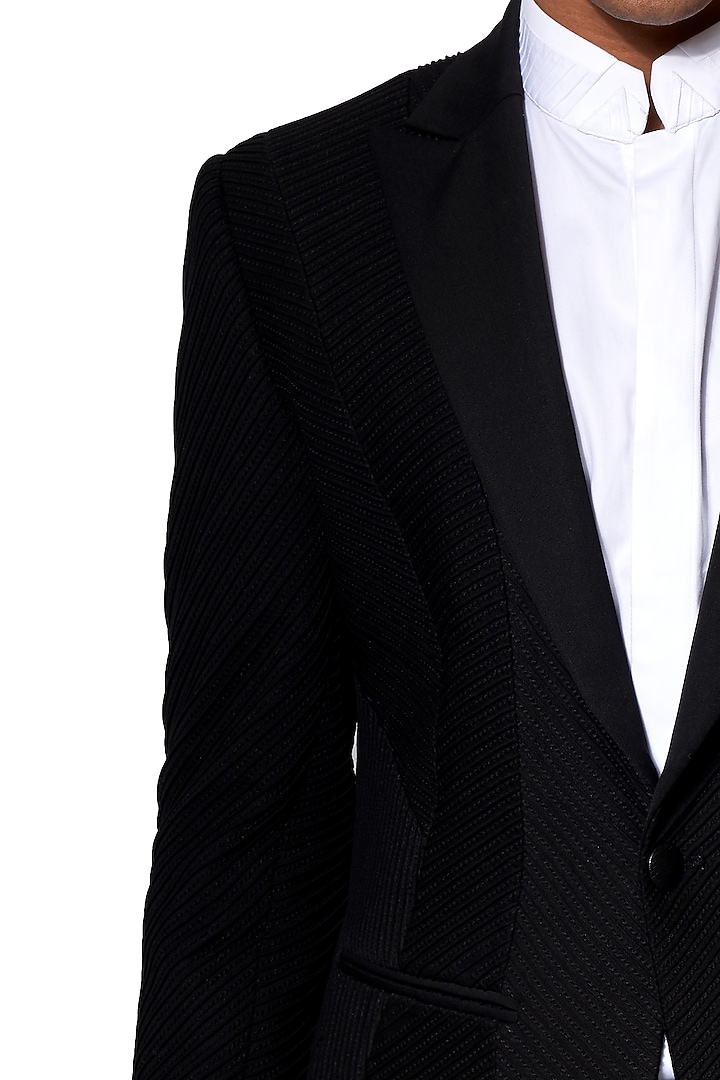 Black Pintucked & Embroidered Tuxedo With Pants by Amaare at Pernia's Pop Up Shop