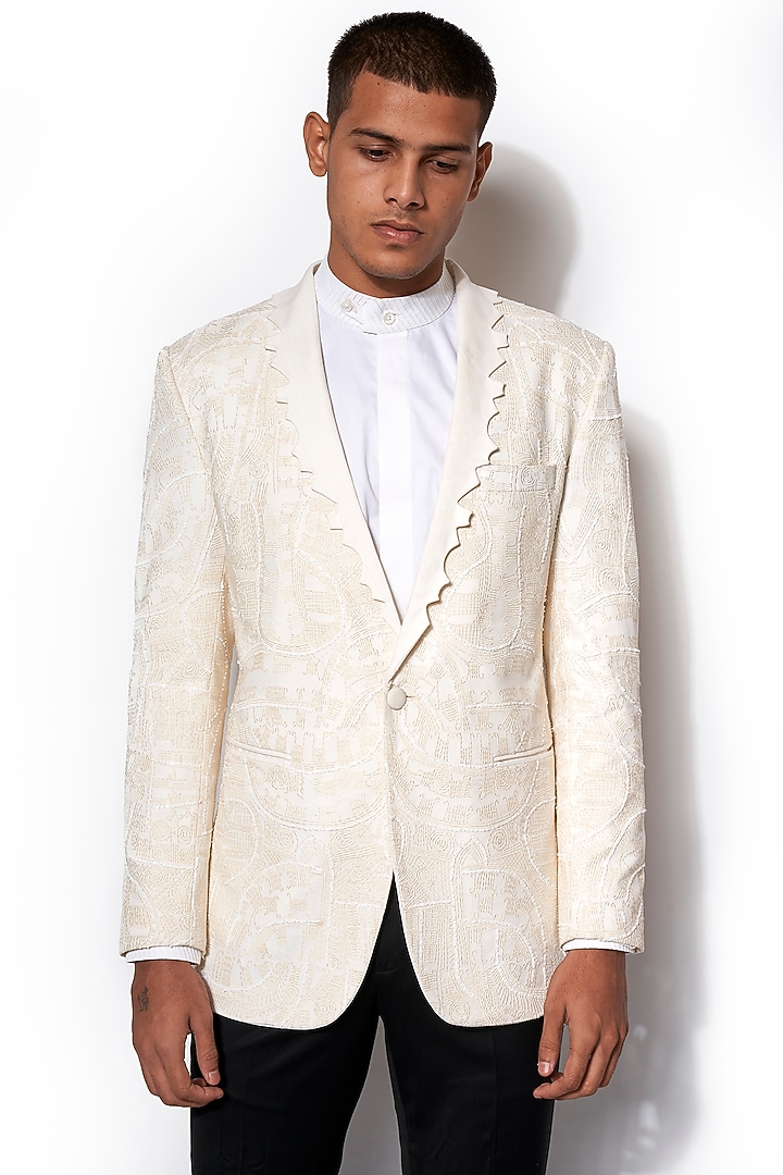 Ivory Asymmetric Lapel Tuxedo With Black Pants by Amaare at Pernia's Pop Up Shop