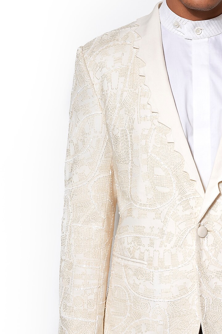 Ivory Asymmetric Lapel Tuxedo With Black Pants by Amaare at Pernia's Pop Up Shop