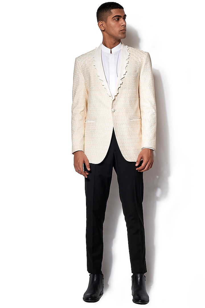 Ivory Embroidered Wool Tuxedo With Black Pants by Amaare