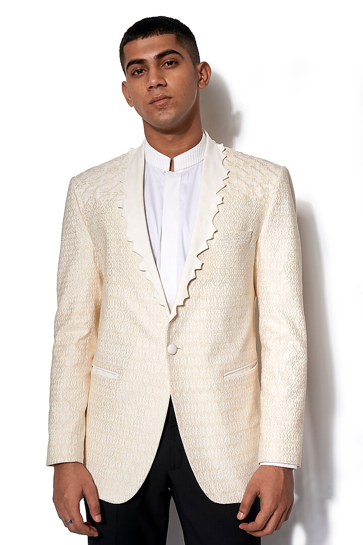 Ivory Embroidered Wool Tuxedo With Black Pants by Amaare at Pernia's Pop Up Shop