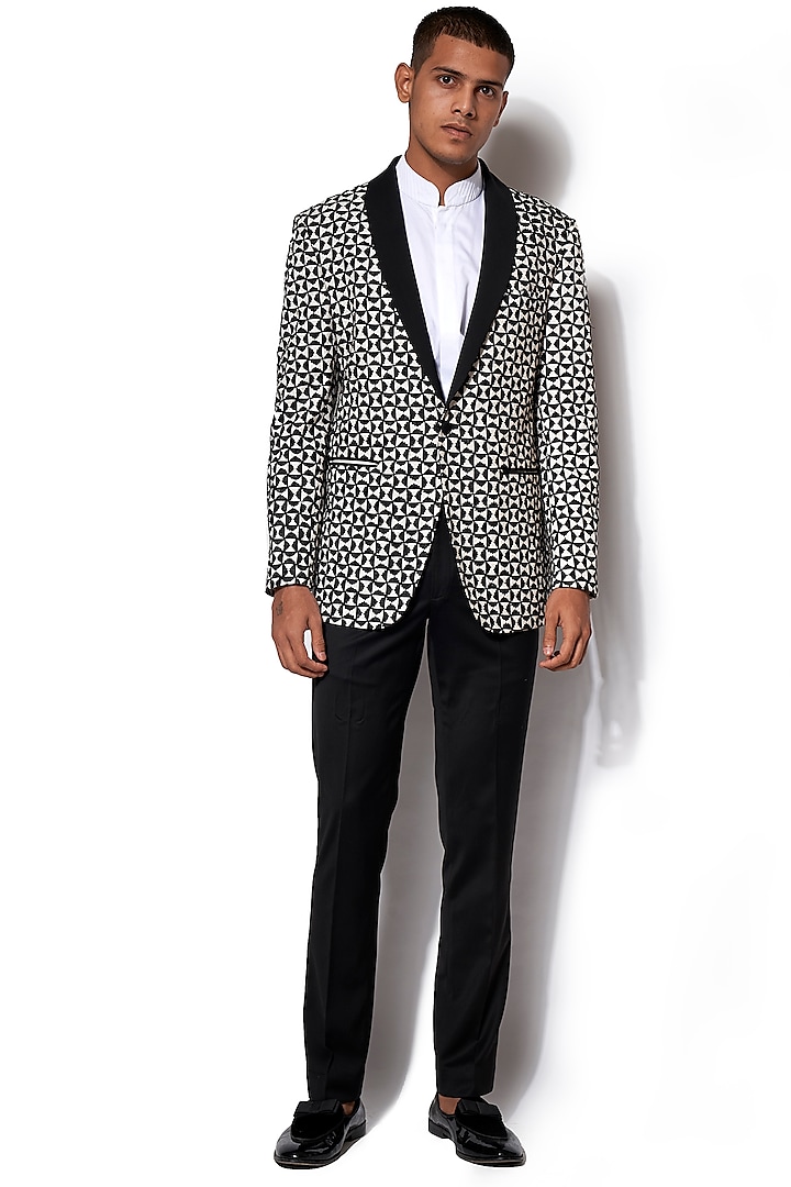 Black & White Embroidered Tuxedo With Pants by Amaare