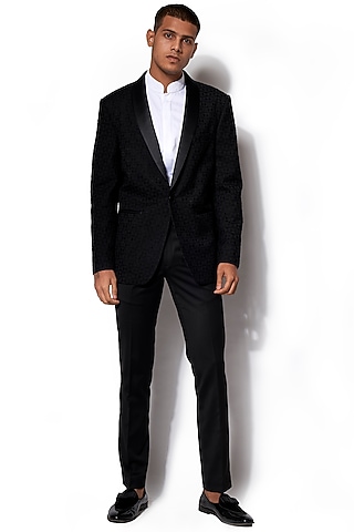 Black Embroidered Wool Tuxedo With Pants by Amaare