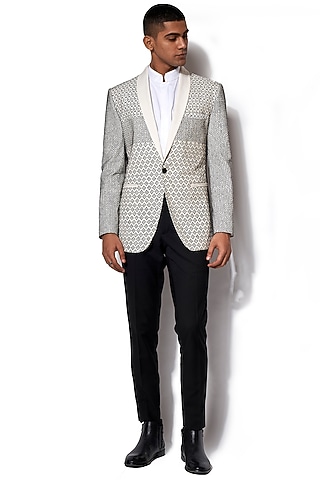 Ivory & Black Embroidered Tuxedo Set by Amaare