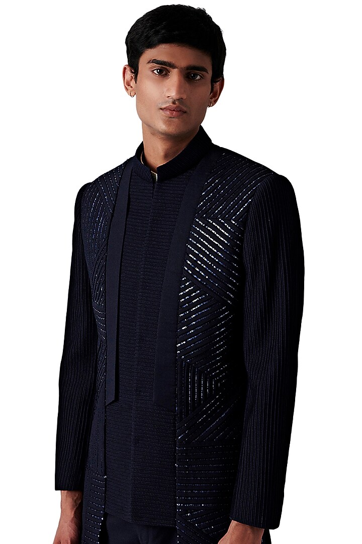 Navy Wool Blend Wedding Indowestern Set by Amaare at Pernia's Pop Up Shop