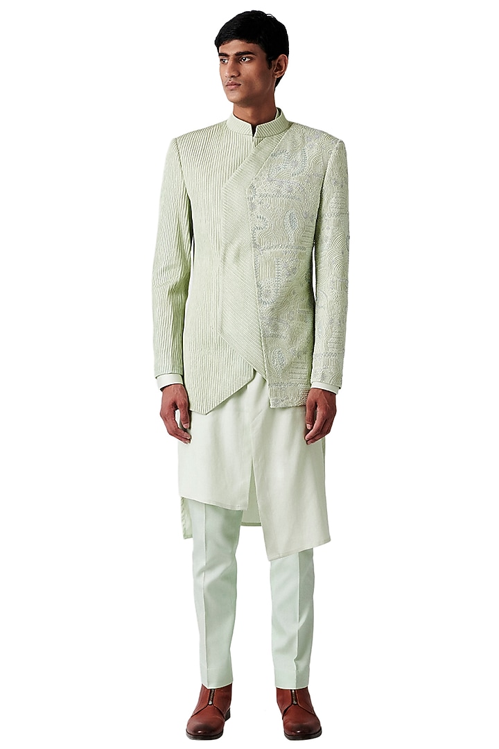 Pistachio Woolen Blend Embroidered Indo Western Set by Amaare at Pernia's Pop Up Shop
