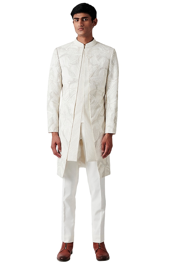 White Wool Embroidered Groom Indowestern Set by Amaare at Pernia's Pop Up Shop