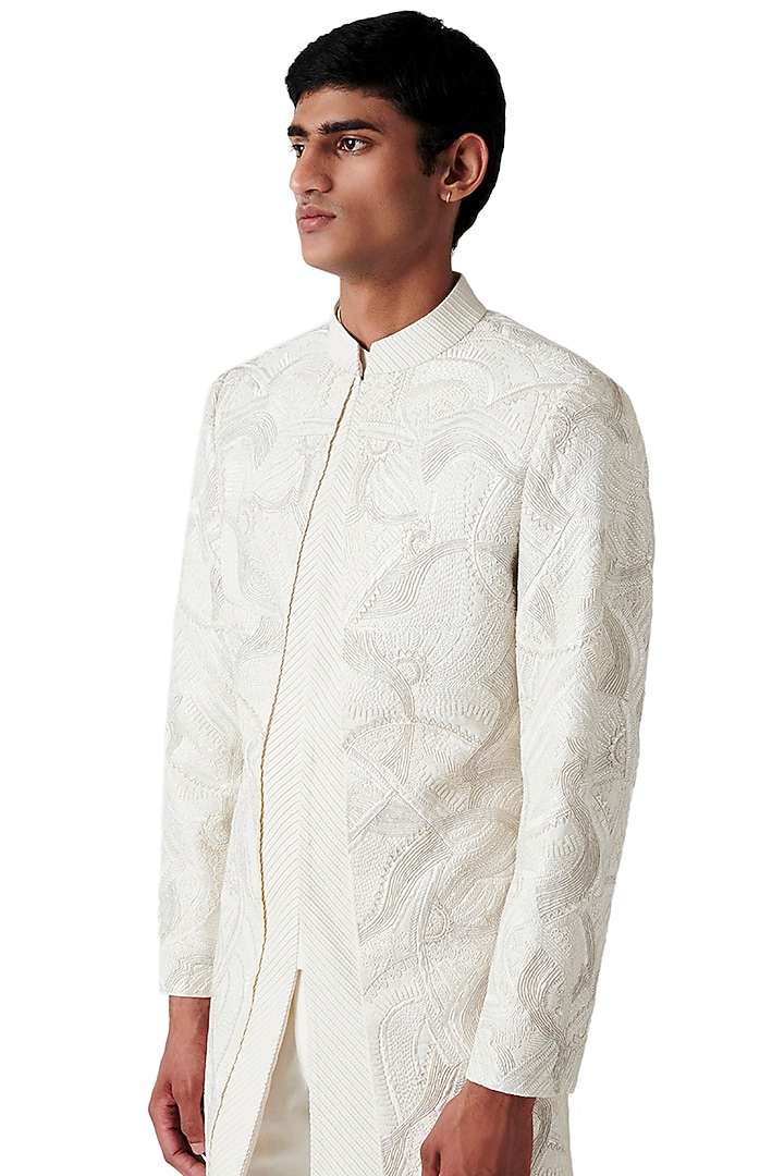 White Wool Embroidered Groom Indowestern Set by Amaare at Pernia's Pop Up Shop