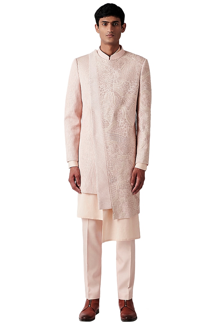 Peach Wool Embroidered Indo Western Set by Amaare