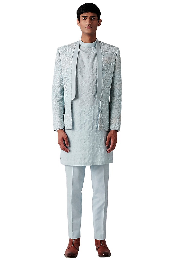 Periwinkle Woolen Blend Embroidered Groom Indowestern Set by Amaare at Pernia's Pop Up Shop