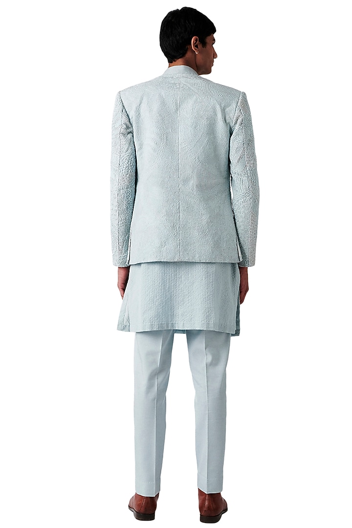 Periwinkle Woolen Blend Embroidered Groom Indowestern Set by Amaare at Pernia's Pop Up Shop