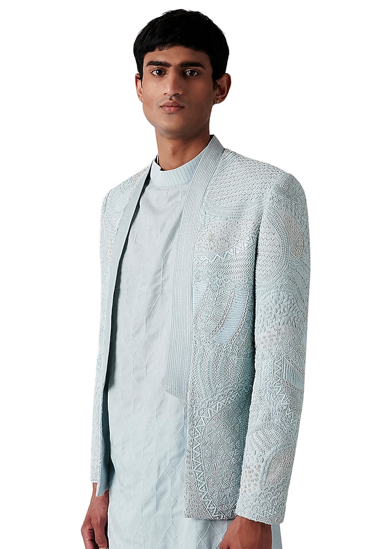 Periwinkle Woolen Blend Embroidered Groom Indowestern Set by Amaare at Pernia's Pop Up Shop