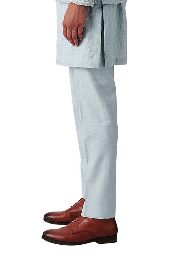 Periwinkle Woolen Blend Embroidered Groom Indowestern Set by Amaare at Pernia's Pop Up Shop