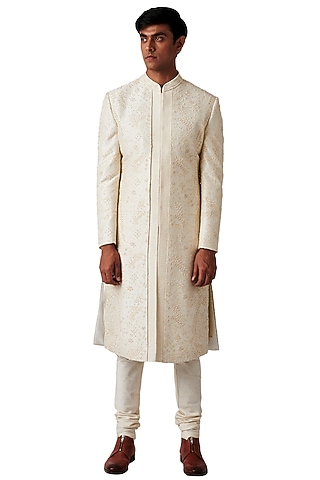Cream Silk Embroidered Sherwani Set by Amaare