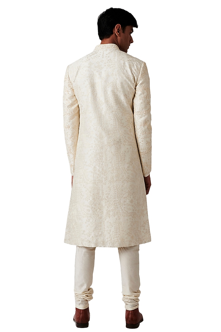 Cream Silk Embroidered Groom Sherwani Set by Amaare at Pernia's Pop Up Shop