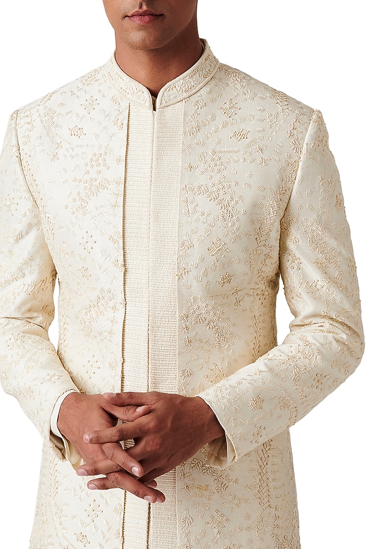 Cream Silk Embroidered Groom Sherwani Set by Amaare at Pernia's Pop Up Shop