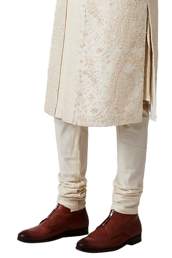 Cream Silk Embroidered Groom Sherwani Set by Amaare at Pernia's Pop Up Shop