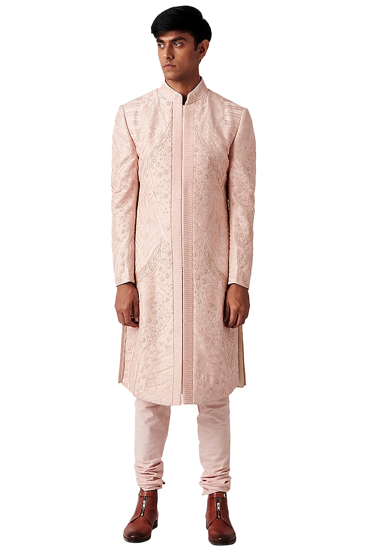 Peach Embroidered Sherwani Set by Amaare