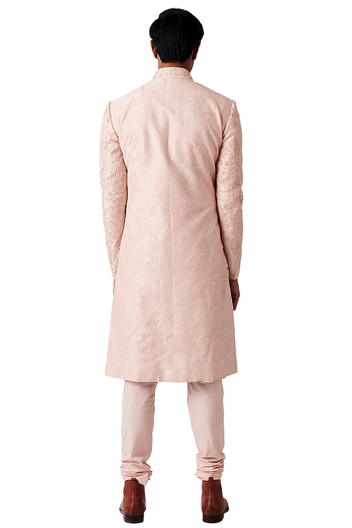 Peach Raw Silk Embroidered Groom Sherwani Set by Amaare at Pernia's Pop Up Shop