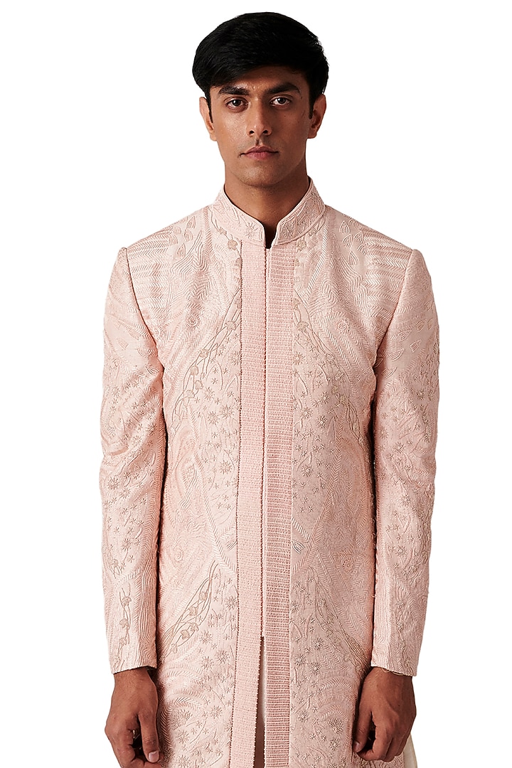 Peach Raw Silk Embroidered Groom Sherwani Set by Amaare at Pernia's Pop Up Shop